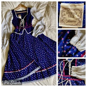 VTG 70s GunneSax Prairie Sun Dress PoetSleeve Navy/Pink Floral Corset Top Size7 - Picture 1 of 24