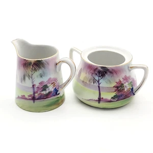 Vintage Hand Painted Nippon Sugar and Creamer Land River Trees Scene Small Chip - Picture 1 of 19