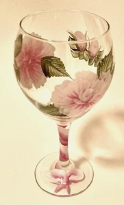 Rose rosa dipinte a mano stelo floreale 16 oz. Bicchiere da vino - Foto 1 di 6