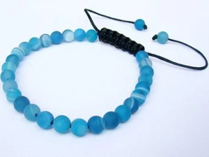 Delicate Men's Blue Macrame Beaded Bracelet all 6mm Natural Agate Beads  - Picture 1 of 1