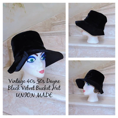 Оригинальная винтажная черная бархатная шапка с ведром и полями от Dayne Union 1950-е 40-е - Изображение 1 из 4
