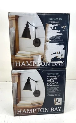 2PK Hampton Bay Stonedale 1-Light Black Plug in Hardwired Swing Arm Wall Lamp - Image 1 of 2