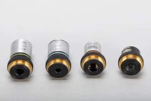Olympus 4x/0.10, 10x/0.25, 40x/0.65 0.17, and HI 100x/1.30 Objectives Lot of 4 - Picture 1 of 3