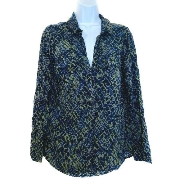 Espléndida Blusa Top Popover Cuello en V S Estampado Piel de Serpiente Rayón Manga Larga Azul Griega Foto 1 de 4