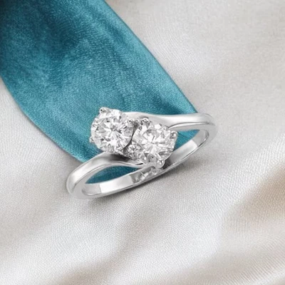 2 Ct Round Cut Two Stone Wedding Engagement Wedding Ring 14K White Gold Over - Image 1 of 4