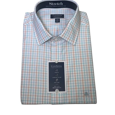 Camisa de vestir Club Room para hombre calce regular a cuadros naranja aguamarina 17 32-33 $60 Foto 1 de 4