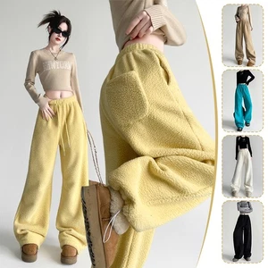 Mujeres Invierno Polar Cintura Alta Pierna Recta Pantalones Cálidos Informales Pierna Ancha Pantalones - Imagen 1 de 34