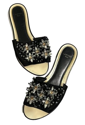 LANVIN 10mm Swarovski Crystal and Bead-Embellished Satin Slides in Black - Image 1 of 4