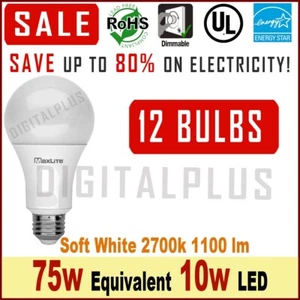 12 LED Light Bulbs Maxlite 75w Equivalent 11w Soft White 2700K A19 Dimmable - Picture 1 of 3