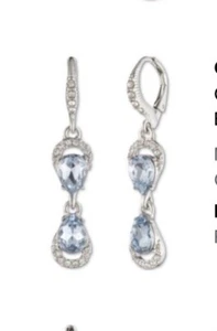 $42 GIVENCHY SILVER TONE PEAR SHAPED DOUBLE DROP EARRINGS  BLUE STONE  E90 - Picture 1 of 3