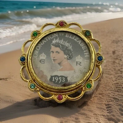 Vintage 1953 Queen Elizabeth II Coronation Souvenir Multicolor Rhinestone Brooch - Image 1 of 4