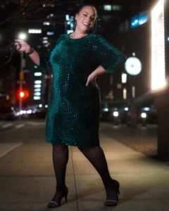 NWT Lane Bryant Sz 20 Emerald Green Velvet Sequin Holiday Christmas Shift Dress - Picture 1 of 7
