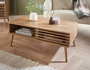 New Contemporary Coffee Table Slated Sliding Door in Natural Mango Wood Finish - Picture 1 of 3