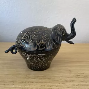Etched Black Brass Elephant Trinket Jewelry Jar Made In India Lucky Trunk Up MCM - Picture 1 of 10