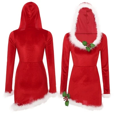 Mujeres Navidad Disfraz de Cosplay Terciopelo Papá Noel Trajes Con Capucha Vacaciones Ropa de Club Foto 1 de 4
