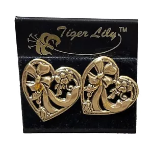 Tiger Lily Gold Toned Heart Shaped Earrings 1" - Picture 1 of 5