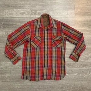 Vintage Arrow Cluett Red Brown Plaid Wool Loop Collar Shirt Sz. S - Picture 1 of 10
