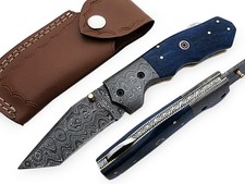 Damascus Steel Handmade Folding Knife wood handle with Leather Cover