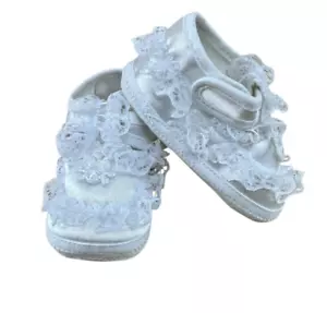 Big Oshi Neugeborene weiße Babyschuhe Größe 0 Taufe Satin Spitze - Bild 1 von 18