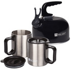 Valiant Portable Camping Kettle with Insulated Twin Pack Mug Set