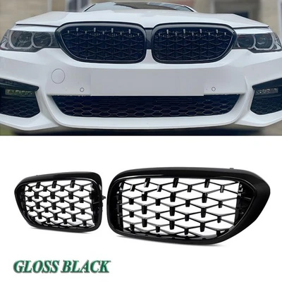 Gloss Black Diamond Grill Front Kidney Grille For 2017-2020 BMW 5-Series G30 G31 - Image 1 of 4