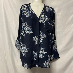 Simply Styled Petite Top Blouse XL Tab Pull Sleeves Navy Floral Hidden Buttons - Picture 1 of 19