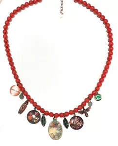 Collana corallo bamboo rosso charms porcellana dipinta smalto argento sterling - Foto 1 di 4
