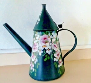 Hand Painted Coffee Pot - Watering Can Metal Country Farm Decor Floral Folks Art - Picture 1 of 6