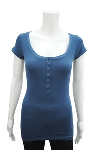 Langes Damen-T-Shirt Top kurzärmlig geknöpft gerippt Baumwolle Größe 8 bis 18 Indigo PC - Bild 1 von 6