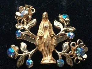 Vintg Religious Christian Brooch Pin Gold AB Blue Rhinestone Virgin Mary Flower - Picture 1 of 13