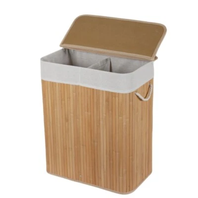 Laundry Hamper with Lid 100L Bamboo Laundry Basket with Removable Liner Natural - Image 1 of 4