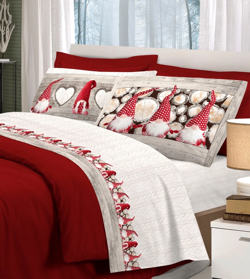 SAVOLTEX COMPLETO LENZUOLA COTONE GNOMI SHABBY NATALE ROSSO MATRIMONIALE