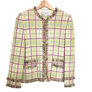 ST. John Collection Tweed Blazer Pink Green Jacket Fringe Size 4 Zip Pockets - Afbeelding 1 van 12