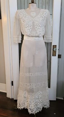 ANTIQUE EDWARDIAN IVORY WOVEN MESH NET DRESS ORNATE IRISH CROCHET WORK BOBINET - Image 1 of 4