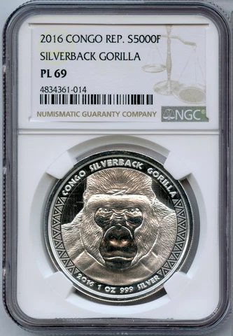 2016 Congo Silverback Gorilla 999 Silver 1 oz NGC PL 69 Coin 5000 Francs - JN241 Cover