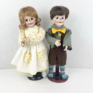Vintage Boy & Girl Harvest Halloween Porcelain Dolls Country Fall Dolls W/ Stand - Picture 1 of 10