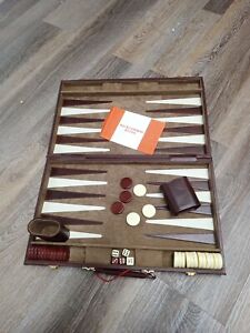 Vintage Bakelite Backgammon Set w/ Brown Swirl & White/Cream Embroidered Leather