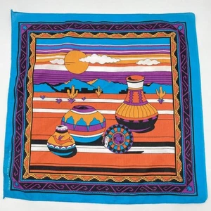 Vintage Bandana Southwestern Design Pottery Blue Brown Purple Sunset Scenery - Picture 1 of 12