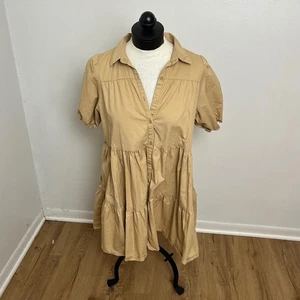 Zara Damen Babydoll Minikleid hellbraun Stufen Knopfleiste Puffärmel Kragen - Bild 1 von 9