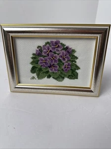 Vintage Needlepoint Purple Pansies Small Silver Framed 7 x 5" - Picture 1 of 8