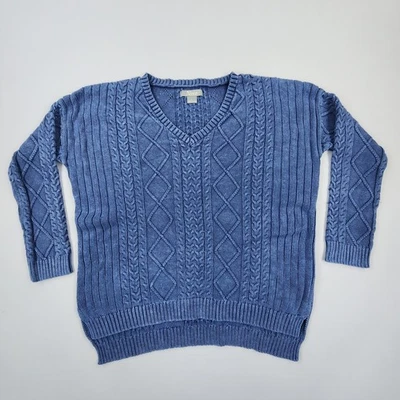 Suéter tejido con cable reflectante natural cuello en V azul para mujer talla L algodón pescador Foto 1 de 4