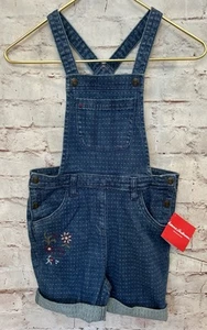 Hanna Andersson Girls 130/ 8 Denim Bib Shortalls Overalls Floral Embroidered Dot - Picture 1 of 4