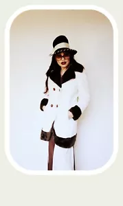 WHITE and BROWN FAUX Fur Jacket Sherpa Collar Square Mod Buttons Fluffy grunge - Picture 1 of 9