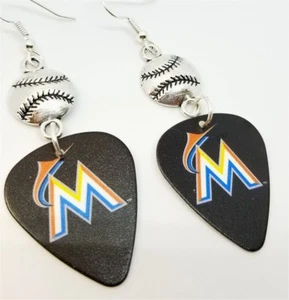 MLB Miami Marlins Guitar Pick Earrings with Baseball Connector Charms - Picture 1 of 3