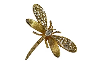 Vintage Marked GIVENCHY Dragonfly Goldtone Rhinestone Brooch Pin Mint + Gift Box - Picture 1 of 14
