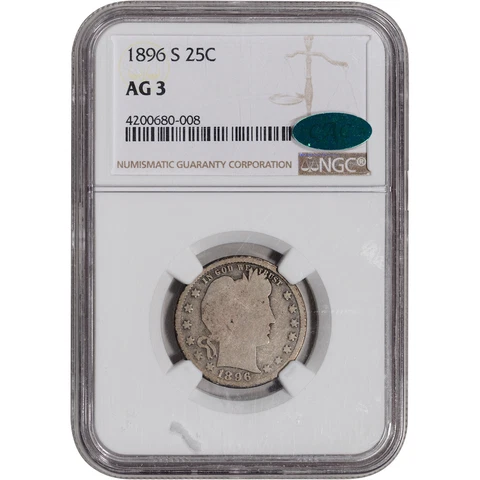 1896 S US Barber Silver Quarter 25C - NGC AG3 CAC Verified Cover