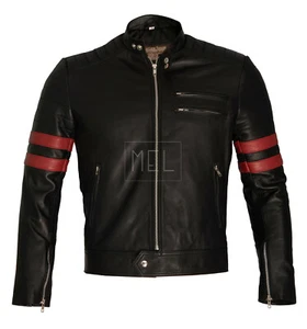 Fight Club Retro Mayhem schwarze Moto Biker Echtlederjacke mit roten Streifen - Bild 1 von 4