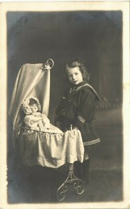 Maida Hill near Kilburn & St Johns Wood posted Girl, Pram & Doll. Card by Hughes