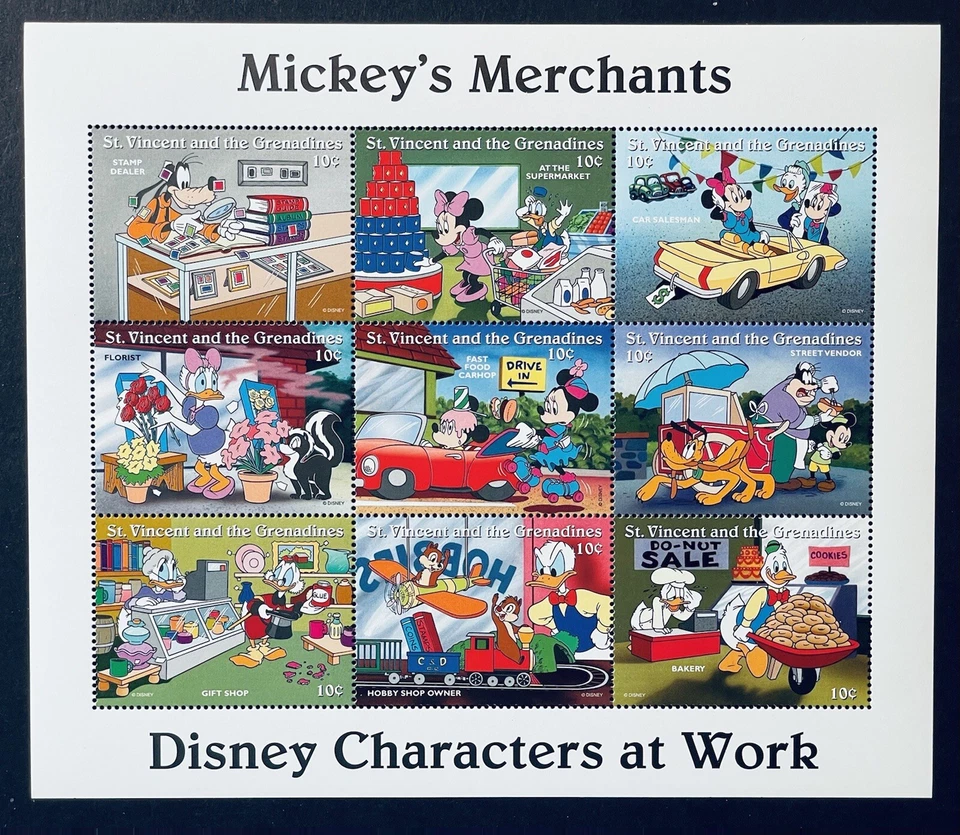 SELLOS DE COMERCIANTES DE MICKEY DE PERSONAJES DE ST VINCENT DISNEY EN EL TRABAJO 1996 TREN MNH 1 Foto 1 de 1
