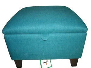 LARGE TEAL LINEN LOOK FABRIC FOOTSTOOL/POUFFE/ W STORAGE solid beech legs - Picture 1 of 7